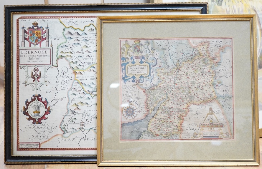 Two framed 17th and 18th century maps; a John Speede map of Breknoke, together with a William Hole map of Gloucestershire, larger 41 x 53cm